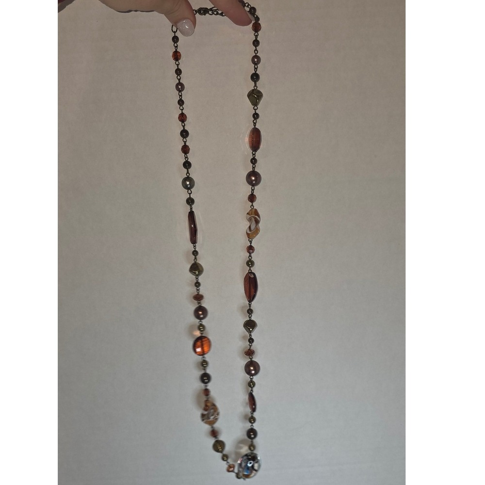 Long Unbranded Blown Glass Bead Necklace Sparkle Art Glass Brown Bronze Tone - Picture 9 of 11